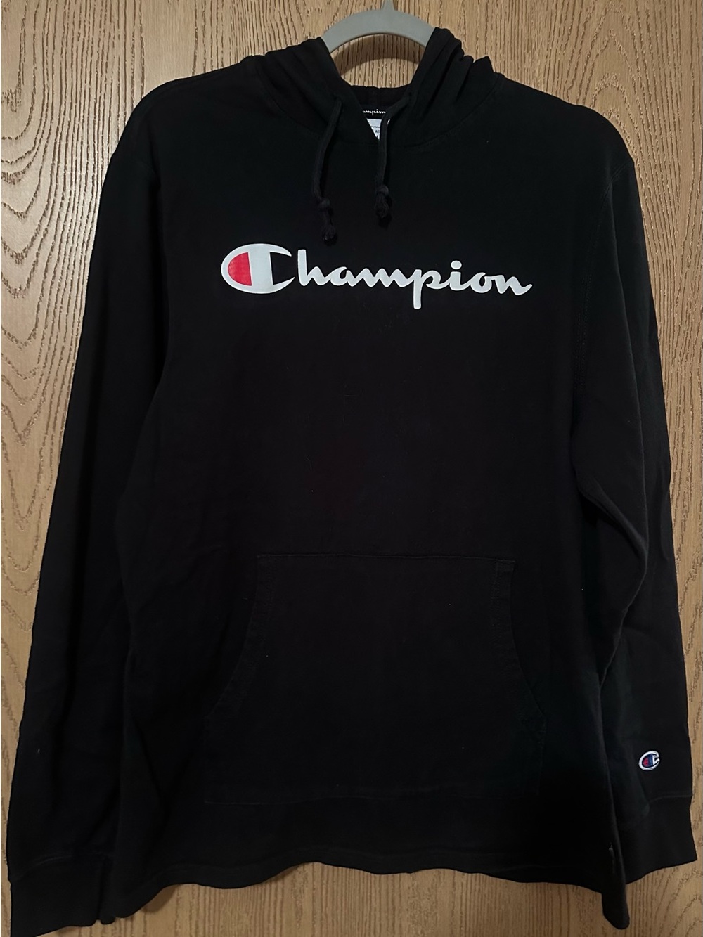 Champion Black Crewneck Hoodie with White Script and Red Logo Accent